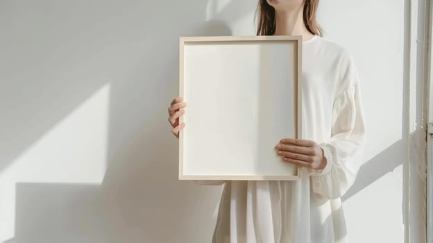 A woman is holding a white frame with a blank space for you decoration.
