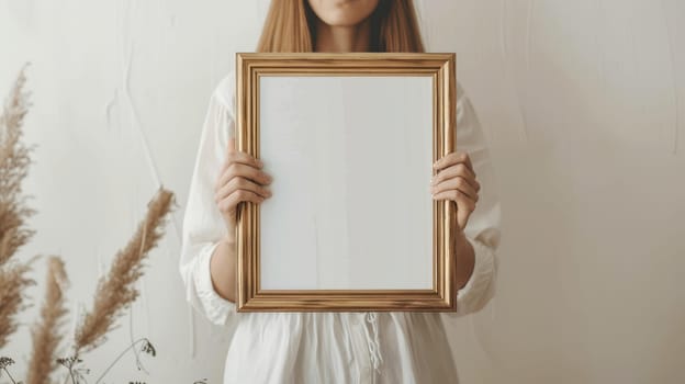 A woman is holding a white frame with a blank space inside.