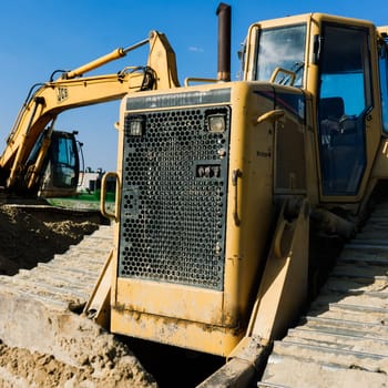 Excavator in quarry extracting stone, soil ground