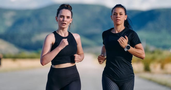 Two friends jog side by side on a sunny day, strengthening their bodies for life's extreme challenges, embodying the power of friendship and determination