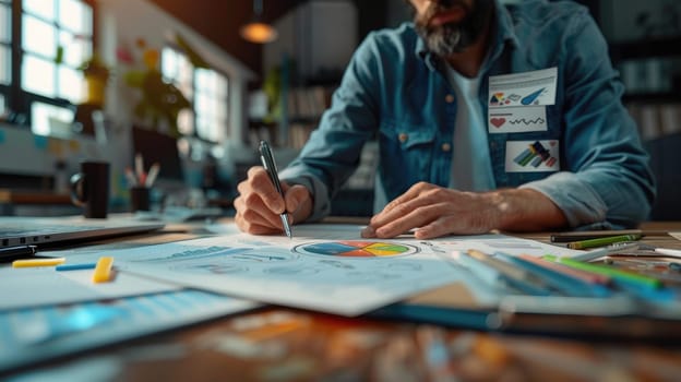 A designer is writing on a piece of paper with a pen, Sketching on desk.