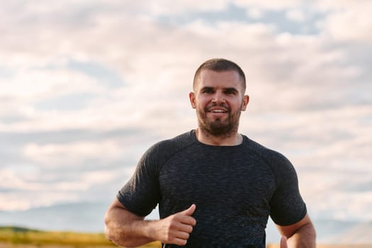 An athletic man jogs under the sun, conditioning his body for life's extreme challenges, exuding determination and strength in his preparation for the journey ahead