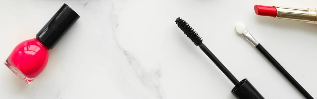 Make-up and cosmetics on marble, flatlay - modern feminine lifestyle, vlog background and styled stock concept. Beauty inspiration in a fashion blog