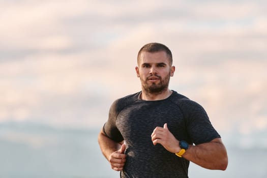 An athletic man jogs under the sun, conditioning his body for life's extreme challenges, exuding determination and strength in his preparation for the journey ahead