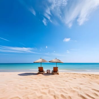 Tropical Beach with Umbrellas and Chairs on a Sunny Day