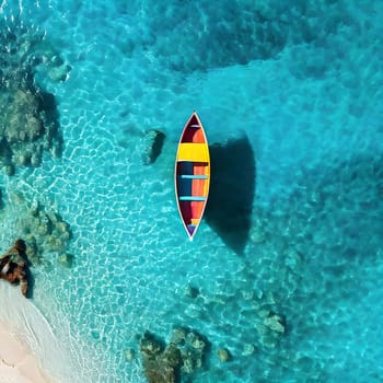 Aerial View: Colorful Boat Docked by the Shore