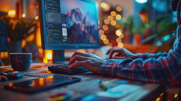 A designer man is typing on a computer at a desk, Design working.