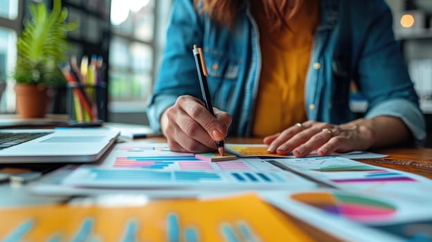 A designer is writing on a piece of paper with a pen, Sketching on desk.