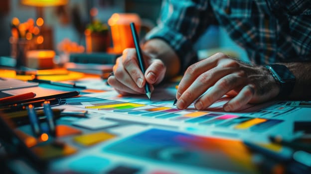 A designer is writing on a piece of paper with a pen, Sketching on desk.