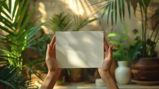 A person holds a white piece of paper in their hands with space for promotional text.