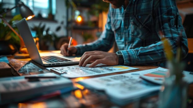 A designer is writing on a piece of paper with a pen, Sketching on desk.