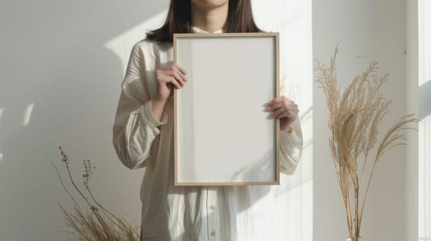 A woman is holding a white frame with a blank space for you decoration.