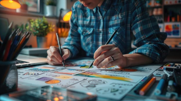 A designer is writing on a piece of paper with a pen, Sketching on desk.