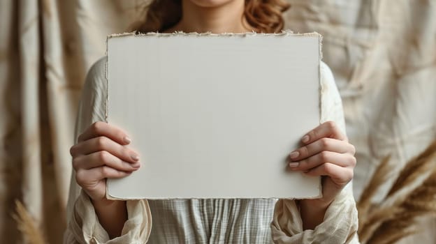 A woman is holding a white frame with a blank space inside.