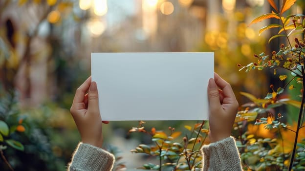 A person holds a white piece of paper in their hands with space for promotional text.