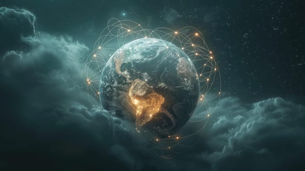 A glowing globe with with a network of stars background, World network connections.