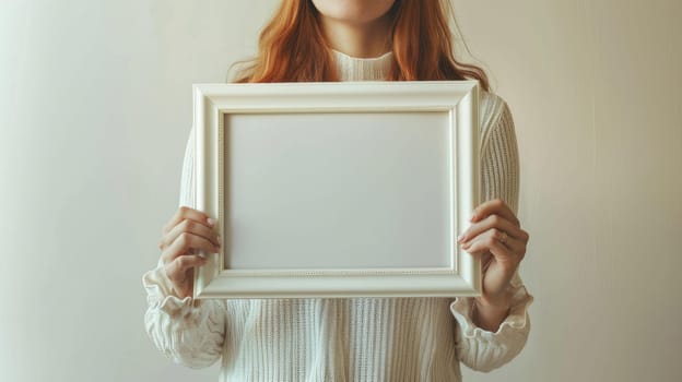 A woman holding blank picture frame with space for promotional text.