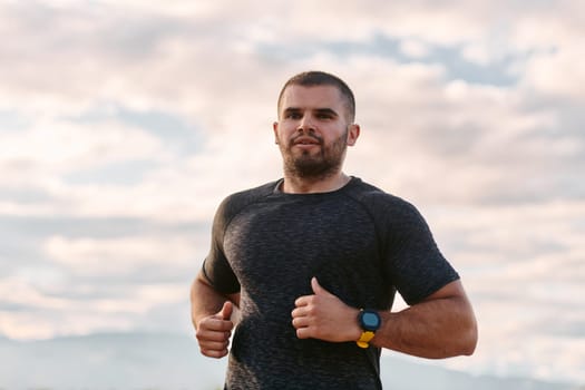 An athletic man jogs under the sun, conditioning his body for life's extreme challenges, exuding determination and strength in his preparation for the journey ahead