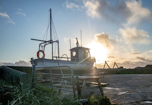 COUNTY DONEGAL, IRELAND - NOVEMBER 09 2021 : The fishing vessel is waiting on the dry dock for the next season.