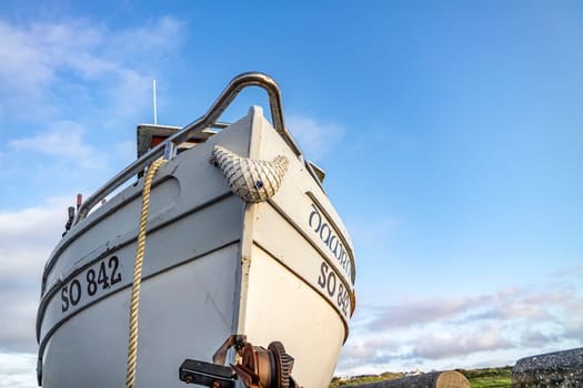 COUNTY DONEGAL, IRELAND - NOVEMBER 09 2021 : The fishing vessel is waiting on the dry dock for the next season.