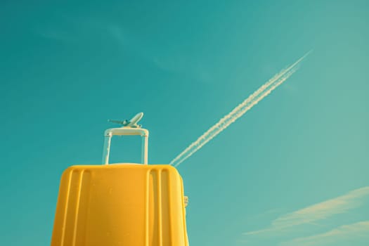 Adventure awaits yellow suitcase traveling across blue sky with jet trail in background explore the world!