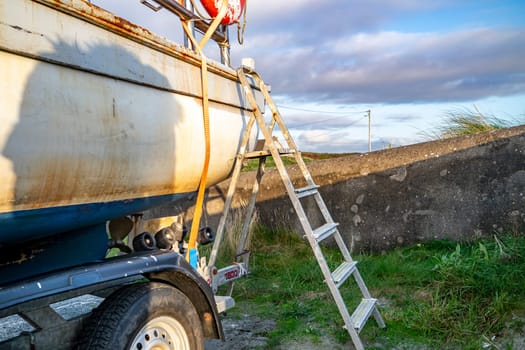 COUNTY DONEGAL, IRELAND - NOVEMBER 09 2021 : The fishing vessel is waiting on the dry dock for the next season.