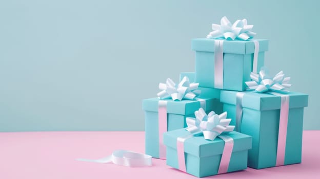 Blue gift boxes with white bows on pink and blue background for celebrating special occasions