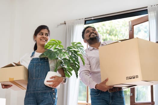 Indian couple moving into their new home, carrying boxes and a plant, smiling and excited. Bright and modern interior, symbolizing new beginnings and a contemporary lifestyle.