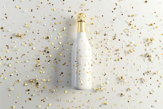 Celebration concept champagne bottle with golden confetti on white background for festive occasions