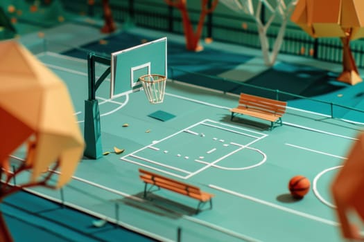 Basketball court with bench and basket 3d model for sports and recreation design concept