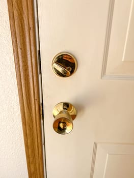 Denver, Colorado, USA-November 25, 2023-A close-up view of a polished brass door handle and matching deadbolt on a wooden door. The shiny brass fixtures add a touch of elegance and security to the doors natural wood grain.