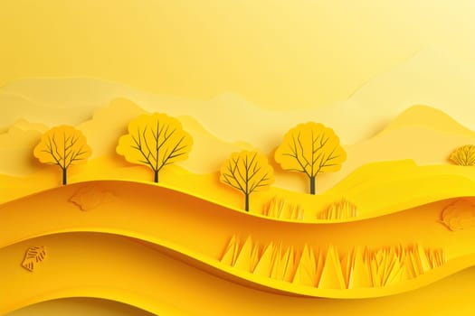 Autumn landscape with trees, hills, and mountain in background serene nature travel scene with paper art craftsmanship