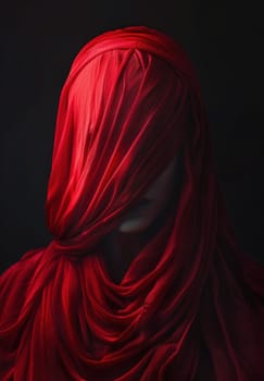 Woman in red shawl with covered face close up portrait for beauty and fashion concept
