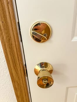 Denver, Colorado, USA-November 25, 2023-A close-up view of a polished brass door handle and matching deadbolt on a wooden door. The shiny brass fixtures add a touch of elegance and security to the doors natural wood grain.