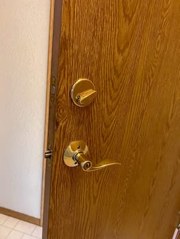 Denver, Colorado, USA-November 25, 2023-A close-up view of a polished brass door handle and matching deadbolt on a wooden door. The shiny brass fixtures add a touch of elegance and security to the doors natural wood grain.