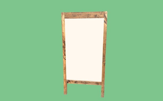 White blank wooden sandwich board with chalkboard isolated on green background. Mockup for design