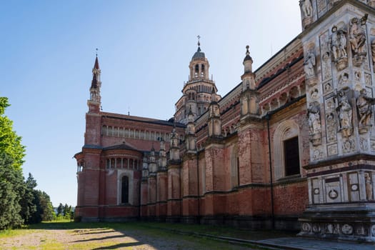 Certosa di Pavia monastery, historical monumental complex that includes a monastery and a sanctuary. .Close up of the church on the left face,Pavia,Italy.