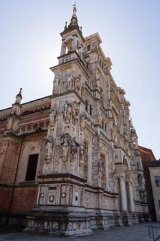 Certosa di Pavia monastery, historical monumental complex that includes a monastery and a sanctuary. .Close up of the church on the left face,Pavia,Italy.