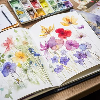 Watercolour painting of wildflowers in a sketchbook, surrounded by an array of watercolour paints and brushes on a wooden table, hobby and craft idea