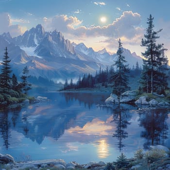 A serene natural landscape painting featuring a tranquil lake reflecting the clouds and sky, with majestic mountains in the background and larch trees lining the watercourse, bathed in sunlight