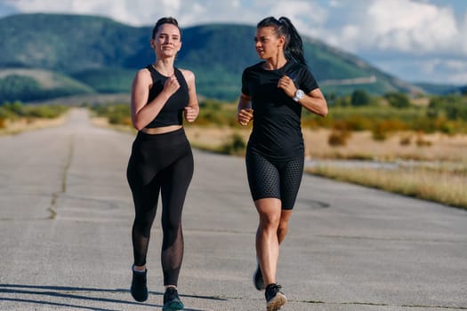 Two friends jog side by side on a sunny day, strengthening their bodies for life's extreme challenges, embodying the power of friendship and determination