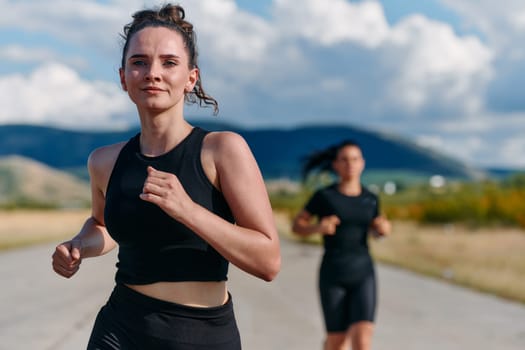 Two friends jog side by side on a sunny day, strengthening their bodies for life's extreme challenges, embodying the power of friendship and determination