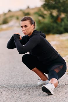 A determined female athlete stretches her muscles after a strenuous run through rugged mountain terrain, surrounded by breathtaking rocky landscapes.