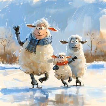 A joyful painting of three sheep ice skating under the sky in a snowy landscape. The artwork captures the happy and free atmosphere of the livestock enjoying the freezing weather