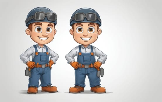 Cartoon construction worker with helmet and goggles, smiling with hand on hip. Detailed eye, arm gesture, and sleeve clothing in the artwork