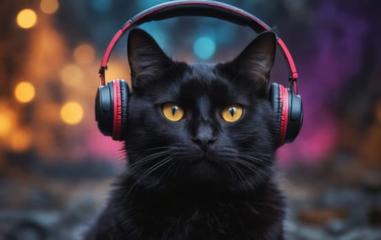 Black cat with headphones listening to music on the background of Christmas lights.