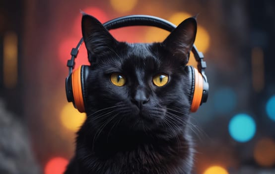 A close up of a Felidae with black hair and whiskers wearing headphones, showcasing its small to mediumsized cat features like its head and eyes