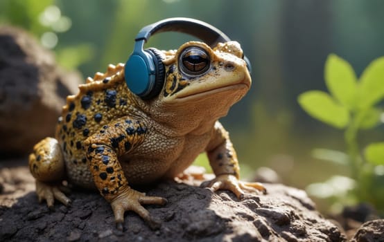 An amphibian organism, the frog, with headphones, is perched on a rock in its terrestrial habitat. Its adaptation allows it to thrive near grass and other terrestrial plants