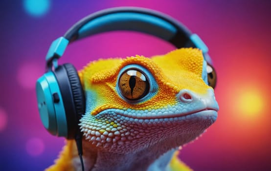 A terrestrial animal, the lizard, is seen wearing electric blue eyewear with a closeup on its iris while listening to music through headphones. A unique macro photography event