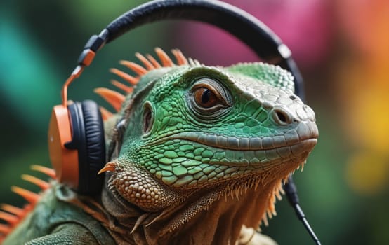 A scaled reptile from the Iguanidae family, resembling a dragon lizard, is enjoying music with headphones on its head, showcasing a unique blend of human and terrestrial animal behavior